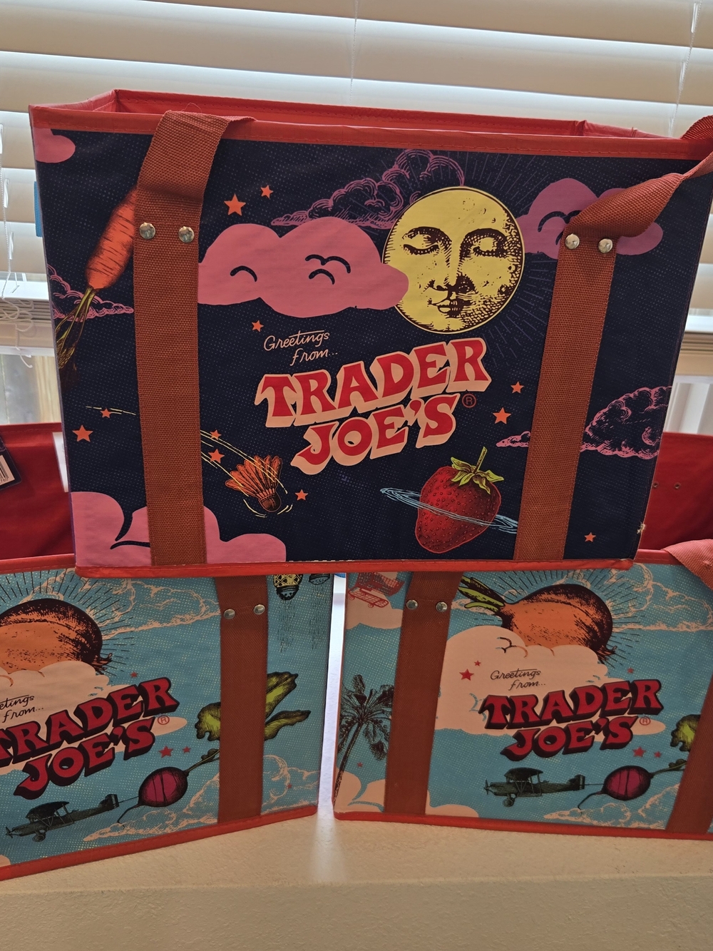 Trader Joe's Stand-Up Collapsible Grocery Tote Red & Blue NWT. Set Of 3.